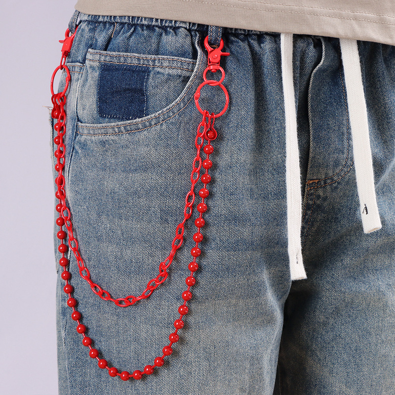 Street Fashion Hip Hop - Parlak Kırmızı Boncuklu Çok Katmanlı Pantolon