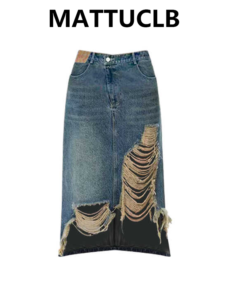 Street Fashion American - 2000'ler Kadın Midi Etek Yırtık Kot