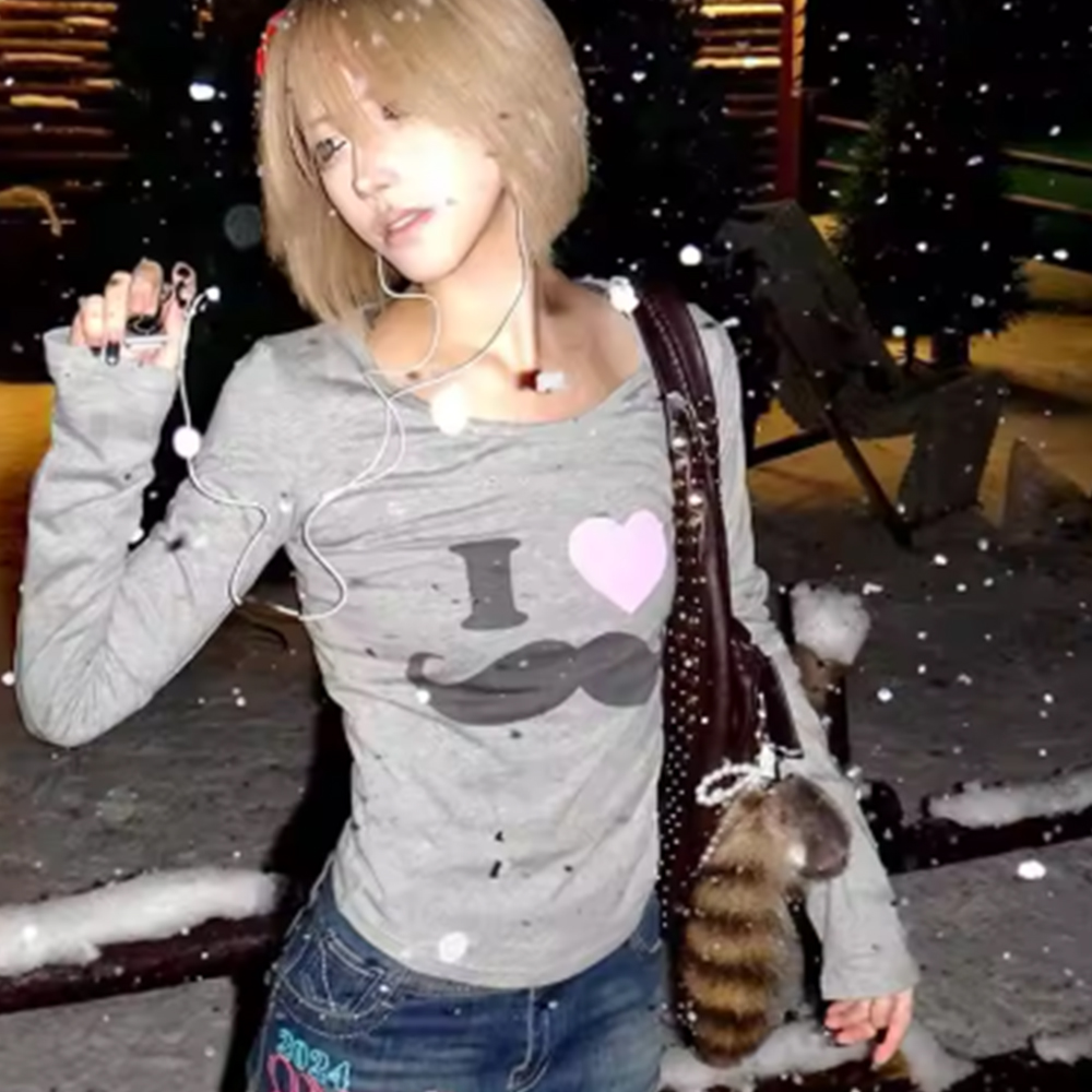 Street Fashion Harajuku - Japon Y2K Sakal Baskılı Tişört Vintage