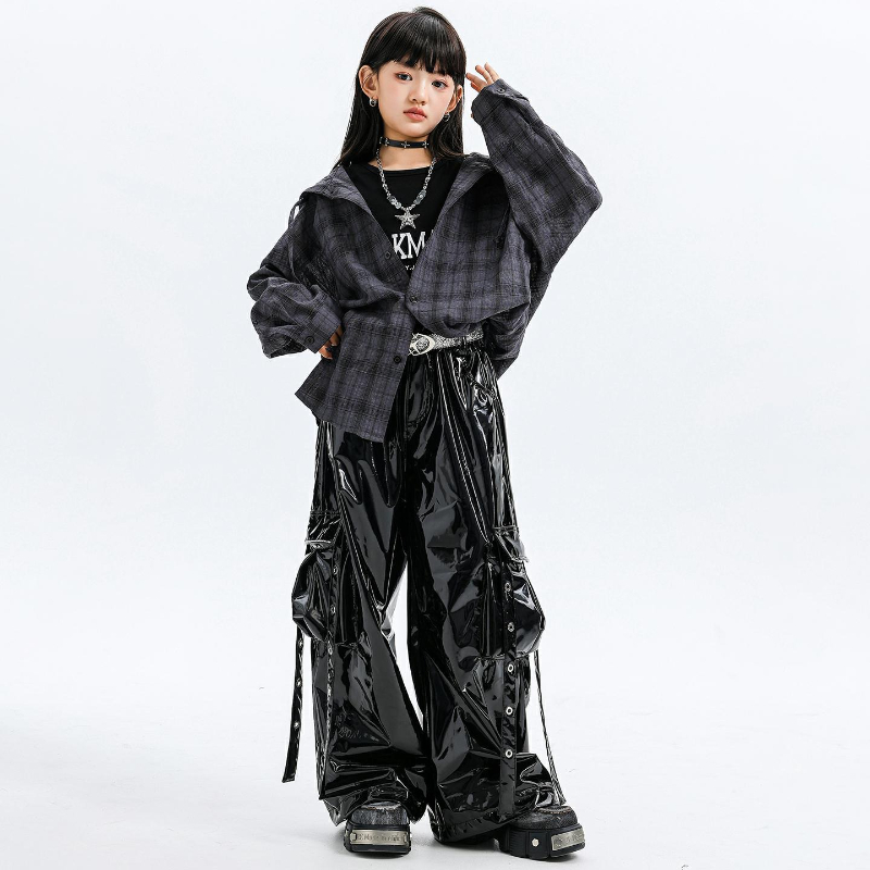 Street Fashion Kpop - Kızlar Caz Dans Kostümleri Kapşonlu Ekose