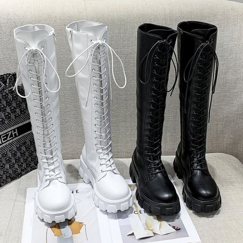 Street Fashion Female - Kadın Diz Üstü Çizmeler Bağcıklı Savaş